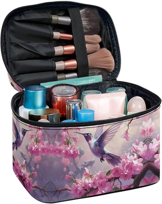 Hummingbird and Pink Flowers Print Travel Makeup Bags for Women Portable Tote Cosmetic Case with Carry Handle Toiletry Accessories Storage Organizer Bags