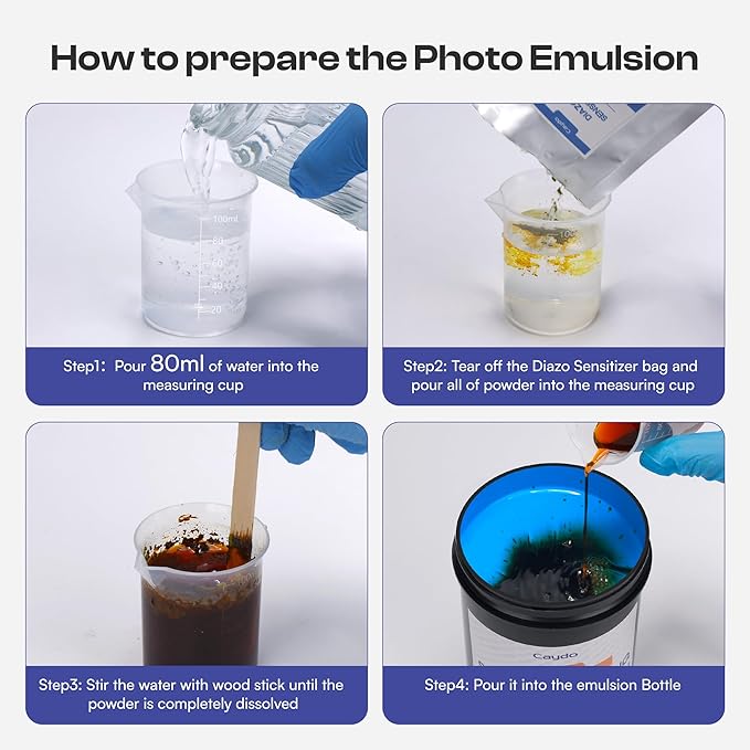 Caydo Screen Printing Emulsion, 32oz Large Capacity Photo Emulsion with Diazo Sensitizer, Measuring Cup, Gloves, and Stir Sticks, Screen Printing Emulsion Kit for Screen Printing Frames