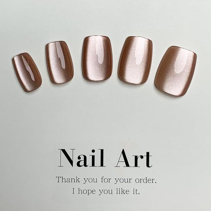 Square Press on Nails Short Cat Eye Fake Nails Nude Pink Acrylic Nails Glossy Ombre False Nails with Designs Solid Glue on Nails Nature Stick on Nails for Women Girls 24 Pcs