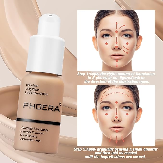 PHOERA Foundation Makeup Naturally Liquid Foundation Full Coverage Mattle Oil-Control Concealer 8 Colors Optional,Great Choice For Gift (2pcs,#101 Porcelain))
