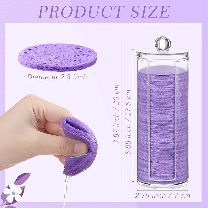 Sieral 120pcs Compressed Facial Sponges Disposable Natural Face Sponges Round Soft Pads with Container for Washing Face Cleansing Exfoliating Esthetician Makeup Removal Travel(Purple)