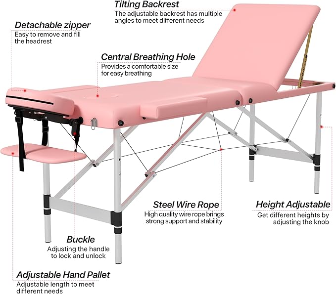 Massage Table Massage Bed, Portable 3 Section Foldable Tattoo Bed, Height Adjustable Lash Spa Bed with Face Cradle, Home Light Weight Facial Salon Bed with Aluminum Frame, Light Pink