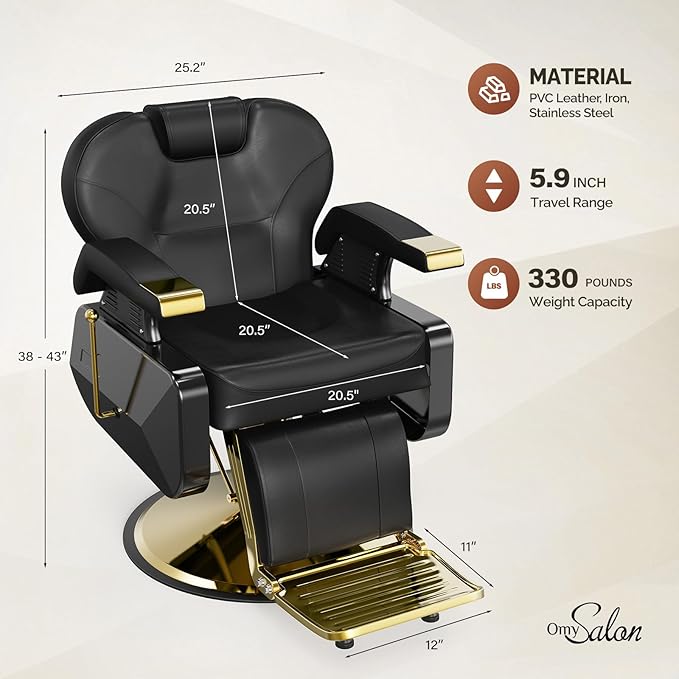 OmySalon All Purpose Hydraulic Barber Chair Recline 360 Degree Swivel Height Adjustable Heavy Duty Hairdresser Chair Beauty Salon Spa Tattoo Styling Barbershop Equipment Gold & Black