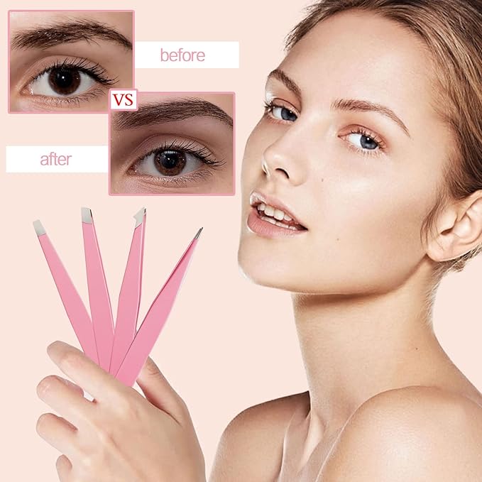 Tweezers for Women, 6 piece Pink Tweezers for Women Facial Hair, Precision Tweezers for Eyebrows, Hair Removal, Facial Hair, Ingrown Hair for Men
