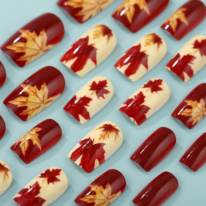 Thanksgiving Medium Square False Nails Maple Leaf Press on Nails Fall Leaves Stick on Fingernails Autumn Gel Glue on Nail 24Pcs Glossy Red Acrylic Fake Nail for Coquette Women Girls