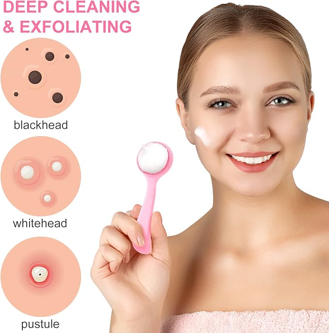 4 Pack Silicone Manual Facial Cleansing Brush, Skin Friendly Waterproof Face Cleaning Scrubber Exfoliator Cleanser for Blackheads Whiteheads Makeup Residues Removal- 2 Blue & 2 Pink