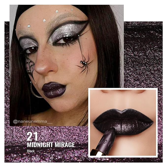 Oulac Halloween Black Lipstick for Women, Black with Raspberry Shimmer, High-Impact Lipcolor with Moisturizing Creamy Formula, Vegan & Cruelty-Free, Midnight Mirage (21)