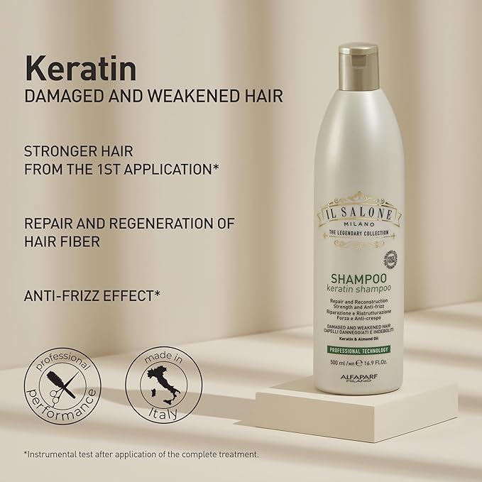 Il Salone Milano Professional Keratin Shampoo for Damaged Hair - Hair Repair Shampoo - Hair Treatment for Weakened Hair - Made with Almond Oil & Vitamin E - Salon-Quality Hair Care (16.9 oz / 500 ml)