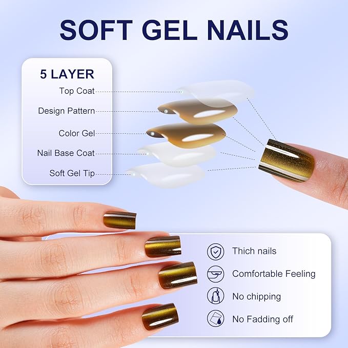 Misssix Cat Eye Press On Nails, 150Pcs XS Short Square Cat Eye Nail Tips, Glossy Glitter Soft Gel Stick On Nails, Reusable Fake Nails for Nail Art DIY 15 Sizes