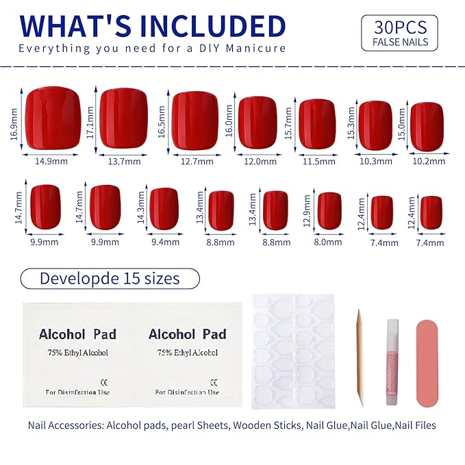 Red Press On Nails Short, Glossy Soft Gel Press On Nails Square with Nail Glue, 15 Sizes - 30 Fake Nails Kit, Thick Natural Reusable Glue On Nails for Women