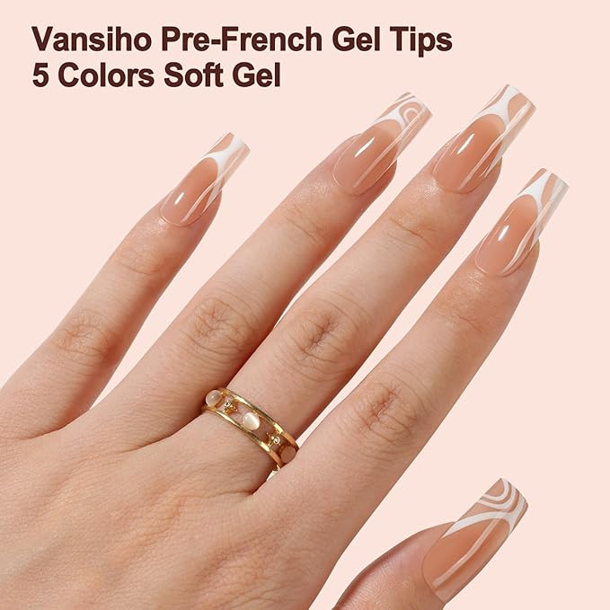 150Pcs French Gel Nail tips - Vansiho French Tip Press on Nails, Long Square Nail Tips, 5 Styles Swirl Nail Tips, Soft Gel Nails False Nail for Nail Art DIY 15 Sizes