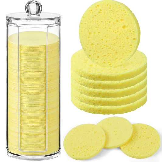 Sieral 120pcs Compressed Facial Sponges Disposable Natural Face Sponges Round Soft Pads with Container for Washing Face Cleansing Exfoliating Esthetician Makeup Removal Travel(Lemon Yellow)