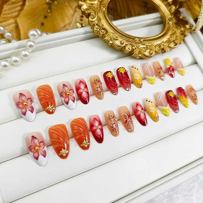 30Pcs Fall Press on Nails Almond Medium Fake Nails with Pearl Design Autumn Winter False Nail 3D Flower Red Maple Leaf Acrylic Glue on Nails Star Charms Full Cover Thanksgiving Nail Art Decorations