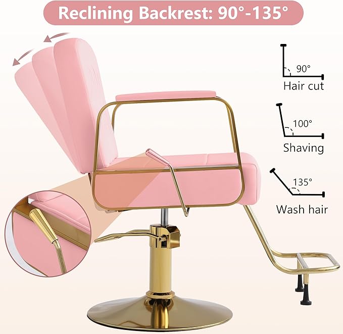 Barber Salon Chair for Hair Sylist, Hydraulic Salon Chairs, Height Adjustable Barber Chairs, Reclining Barber Styling Chairs, 360 Degrees Rotation Shampoo Chair for Barbershop (Pink)