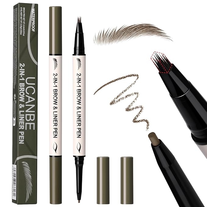 UCANBE 2-in-1 Eyebrow Pen & Gel Eyeliner Pencil – Microblading Eye Brow Pencil with Brow-Fection Angled Brush Tip + 1.5mm Ultra-Fine Eye Liner, Waterproof, Quick-Dry, Long Lasting (Brown)