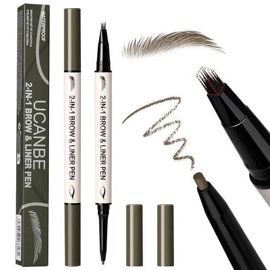 UCANBE 2-in-1 Eyebrow Pen & Gel Eyeliner Pencil – Microblading Eye Brow Pencil with Brow-Fection Angled Brush Tip + 1.5mm Ultra-Fine Eye Liner, Waterproof, Quick-Dry, Long Lasting (Brown)