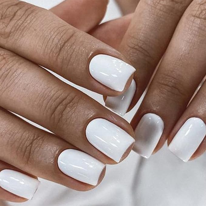 Modelones Pure White Press on Nails for Women, Short Square Fake Nails, Reusable Nail Kit with Nail Glue Adhesive Tabs Mini Nail File, Christmas Nails Press Ons 32Pcs16 Sizes, Women Girl Gift