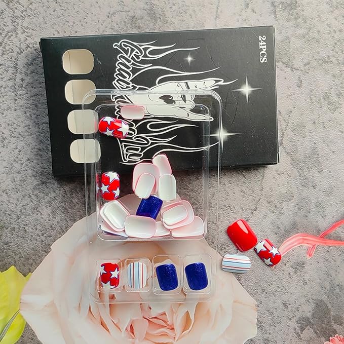 24Pcs Independence Day Press on Nails Short Fake Nails Star Full Cover Glue on Nails Patriotic False Nails Red Blue Stripes Square Artificial Stick on Nails for Women DIY 4th of July Acrylic Nails