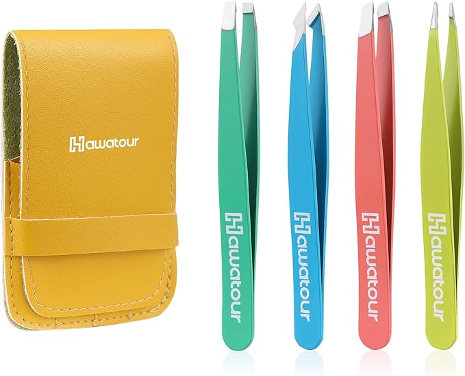 HAWATOUR Tweezers Set, 4Pcs Eyebrows Tweezers for Women, Great Precision for Ingrown Hair, Splinter, Facial Hair Removal, Multicolored