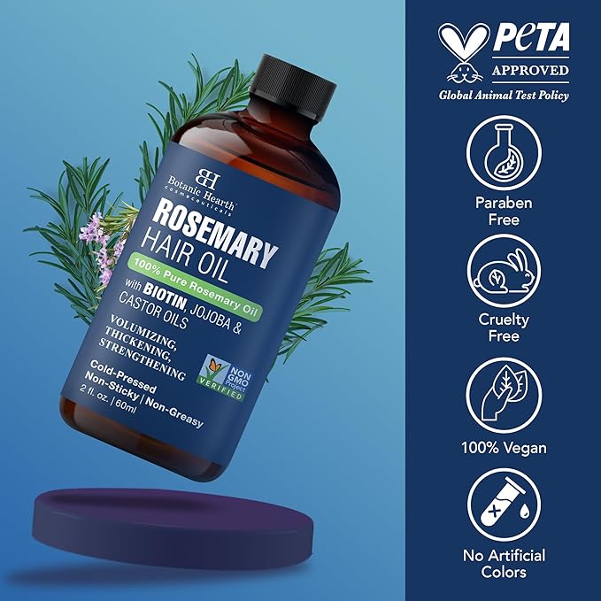 Botanic Hearth 100% Pure Rosemary Oil For Hair Growth | Infused with Biotin, Jojoba & Castor Oil | Hair Oil Repairs Dry Damaged Hair, Strengthening, Healthier - Hair Tonic, 2fl oz
