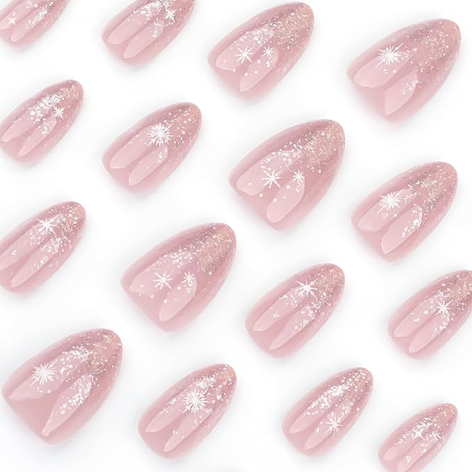 Pink Press on Nails Short Almond, French Fake Nails with Sparkly Silver French Tips and snowflake Designs, Glossy Gel Finish Acrylic Nails, Thick Reusable Glue on Nails Kit for Women, 24Pcs