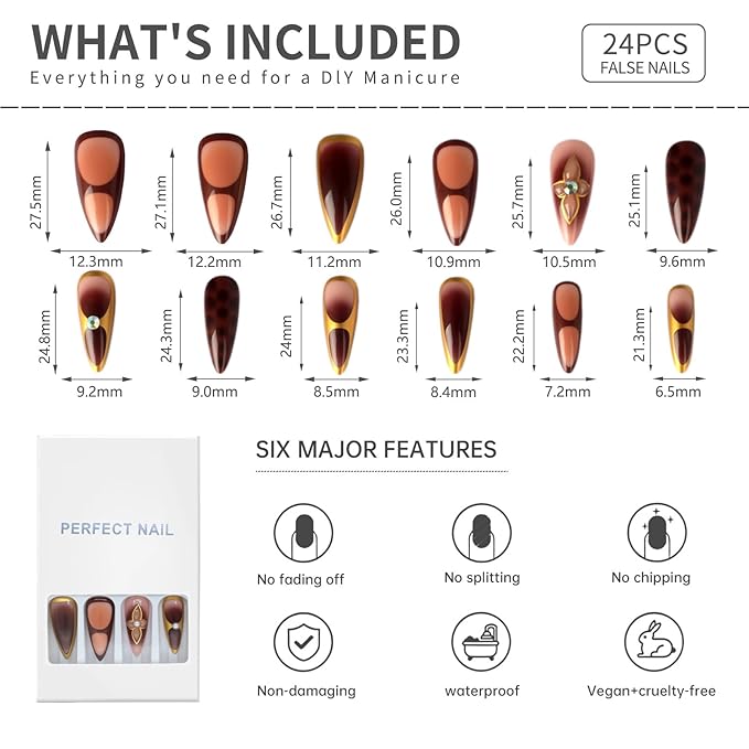 Elegant Gold and Burgundy Press-On Nails with Flower Design, Stiletto Shape, Rhinestone Accents, Reusable Full Cover Fake Nails, 24Pcs Set