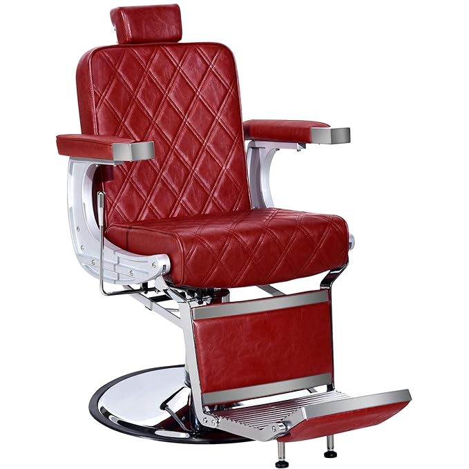 BarberPub Heavy Duty Metal Vintage Barber Chair All Purpose Hydraulic Recline Salon Beauty Spa Shampoo Equipment 3825 (Red with Red Stitches)