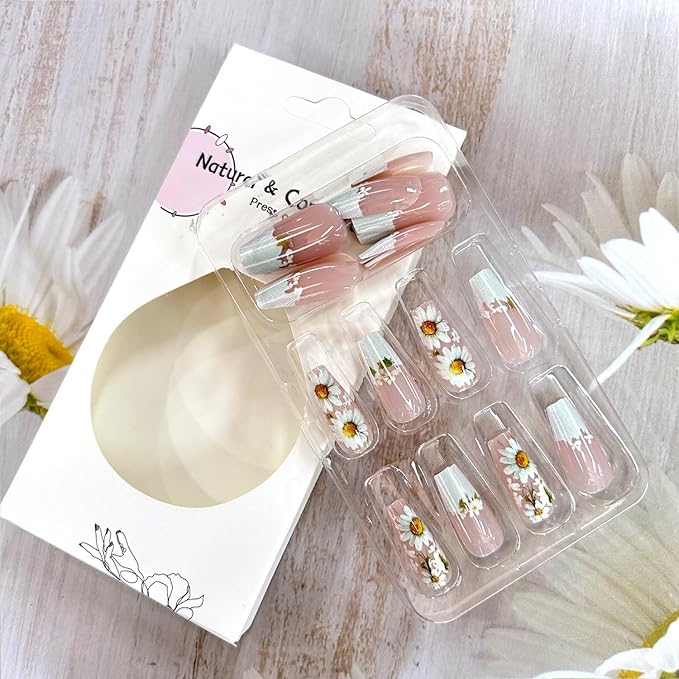 Flower Press on Nails Medium Ballet Shaped White Daisy Pattern Design French Tip Press Ons Stick on Nail Full Cover Artificial Spring Summer False Nail Acrylic Glue on Nails for Women 24Pcs