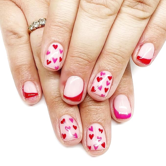 24Pcs Colourful Heart Press on Nails Short Square Valentines Fake Nails Heart Full Cover Design Acrylic Nails French Tip Press ons Cute Coffin False Nails Valentines Artificial Nails for Women