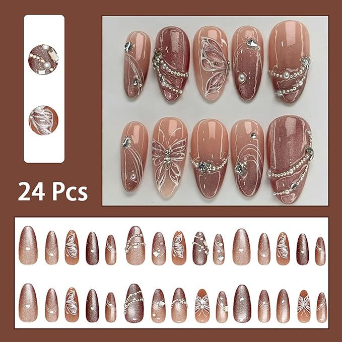 30Pcs Brown Press on Nails Medium Almond Fake Nails with Pearl Rhinestones Designs Butterfly Acrylic Nails Glitter Glue on Nails Full Cover Fall False Nails French Tip Stick on Nails for Women