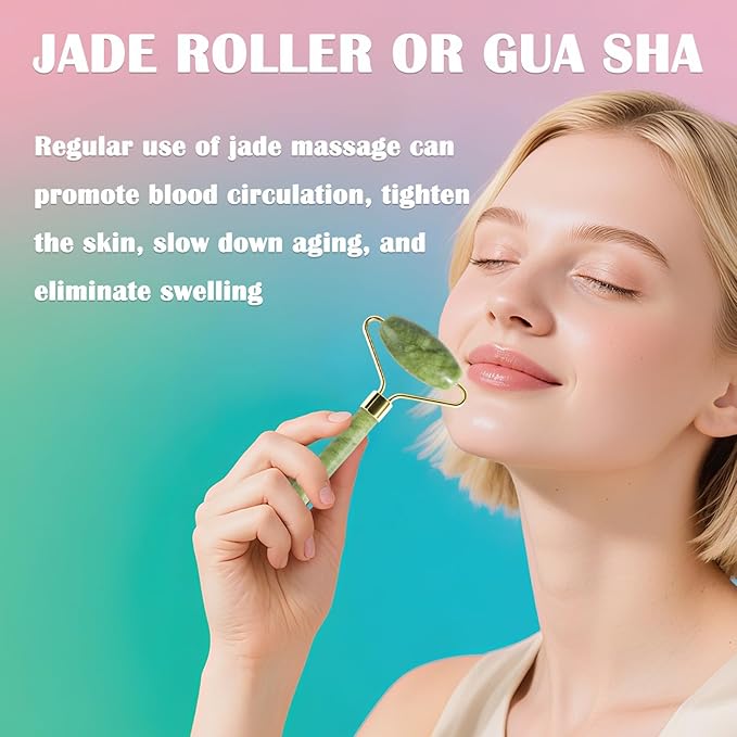 Jade Roller Gua Sha Tools - Nature Gua Sha Facial Tool Skin Tightening Face Massager Anti-Aging Jade Face Roller Puffiness Reducing Guasha Stone for Women Men