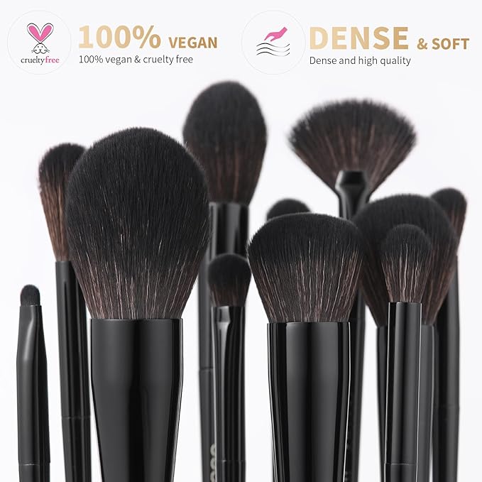 Docolor Makeup Brushes 15Pcs Obsidian Makeup Brush Set Premium Synthetic Powder Kabuki Foundation Contour Blush Concealer Eye Shadow Blending Eyeliner Crease Eyebrow Make Up Brush Kit