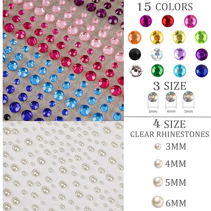 1250 Pcs Self Adhesive Rhinestones Pearl for Makeup Face Gems Eyes 16 Colors Rainbow Rhinestones Face Jewels Stick on Pearls Stickers, Hair Pearl Nail Makeup DIY Decorations