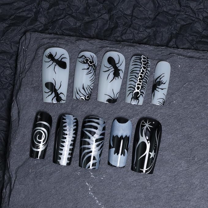 24Pcs Goth Press on Nails Long Square Halloween Fake Nails Black White Ant Skull Flame Glossy Glue on Nail Full Cover Artificial Nails Reusable Horror False Nails for Women Acrylic Manicure Decor