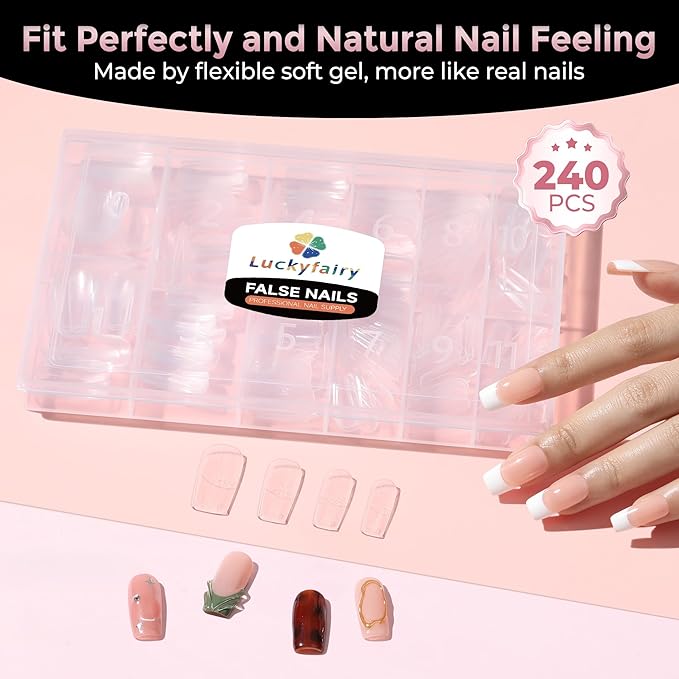 Medium Square Nail Tips, 240pcs Soft Gel Pre-Shaped Acrylic Fake Nails, Half Matte Full Cover Clear Gelly Press on Flase Nail Tips for Extension Nail Manicure Home DIY 12 Sizes Gelly Tips