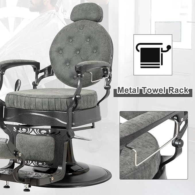 Winado Heavy Duty Vintage Recline Barber Chair Hydraulic with Headrest, Supports up to 700lbs & 360° Rotatable, Professional Salon Beauty Spa Shampoo Equipment (Grey - Button Style)
