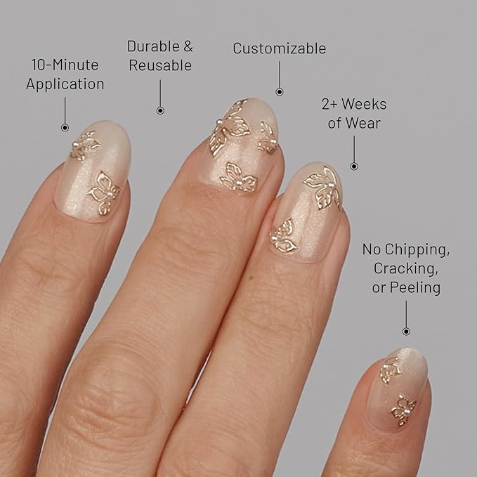 Lilac St - Press on Nails, Petals & Pearls (30 Nails, 15 Sizes) - Medium, Round, Pearl + Glossy, Opaque - Brush-On Nail Glue, Nail File, Cuticle Stick, Prep Pad - Cruelty Free, Vegan, Women Founded