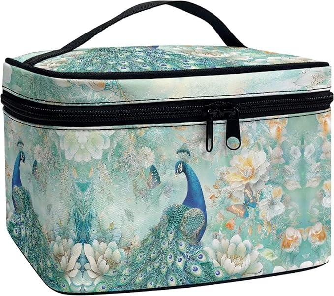 Peacock Butterfly Peony Flower Print Travel Makeup Bags for Women Portable Tote Cosmetic Case with Carry Handle Toiletry Accessories Storage Organizer Bags