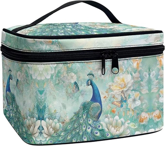 Peacock Butterfly Peony Flower Print Travel Makeup Bags for Women Portable Tote Cosmetic Case with Carry Handle Toiletry Accessories Storage Organizer Bags