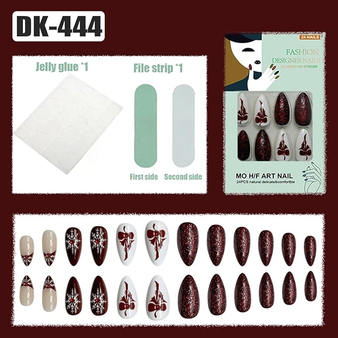 Press on Nails Red Almond Fake Nails French Tip False Nails Press ons with Wine Red Bow Snowflake Designs Medium Artificial Acrylic Nails Glitter Full Cover Glue on Nail for Women Manicure 24 Pcs