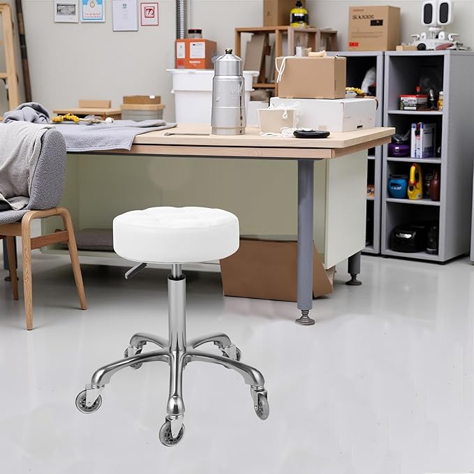 Kaleurrier Adjustable Rolling Stool for Salon: Heavy Duty Swivel Chair with Wheels for Hairdresser Esthetician Dentist - Spa Home Office Kitchen Dental Tattoo Shop Use - Seat Height 22”-30” - White