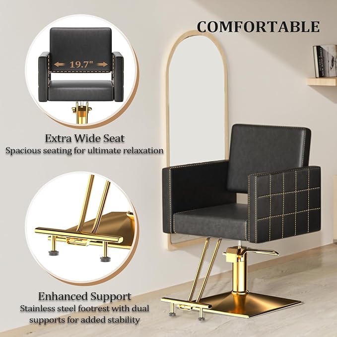 mefeir Black and Gold Barber Chair Hair Salon Chair with Heavy Duty Hydraulic Pump, Square Base, Stainless Steel Footrest,Styling Chair for Beauty Spa Hairdressing Braiding