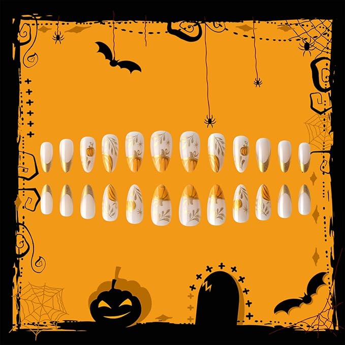 Fall Gold French tip Press on Nails Medium Almond False Nails With Pumpkin Design Full Cover Glue on Nail Reusable Gold Pumpkin Acrylic Fake Nails Glossy Artificial Stick on Nail for Women