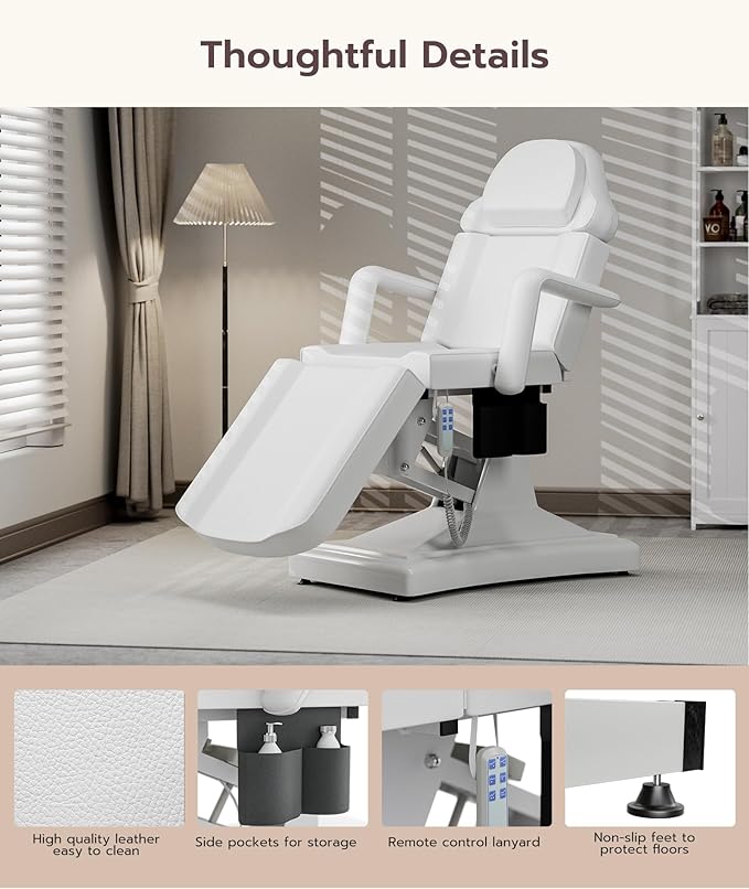 Icoget Fully Electric Tattoo Chair Esthetician Bed for Clients, 3-Motor Adjustable Spa Table Facial Bed for Lashing, Waxing, Professional Aesthetics Chair for Salon, White, Stool Included
