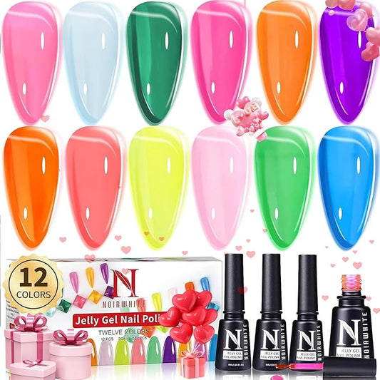 Jelly Gel Nail Polish, 12 Pcs Glossy Trendy Colors Transparent Nail Polish Set Nude Pink Purple Green Blue Yellow Colors Jelly Nail Polish Kit UV LED Soak Off Home DIY Nail Art Salon