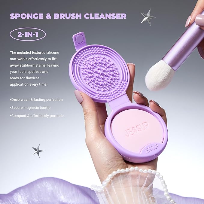 Jessup Premium Makeup Gift Set for Women Teen Girl, 11Pcs Gift Box Kabuki Brush, Makeup Sponge, Powder Puff, Brush Cleaner Mat with Soap, Perfect Present for Birthday Graduation, Luxury Purple T885