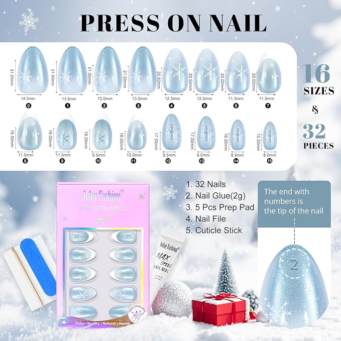 Christmas Press On Nails Almond - Jofay Fashion Blue Aurora Cat Eye Snowflake Press On Nails, Acrylic Fake Nails with Glue, Reusable Soft Gel Glue On Nails for Women 32Pcs in 16 Sizes