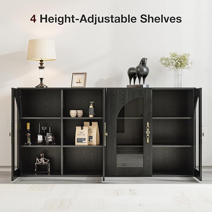 3-Layers Salon Station Free Standing Cabinet, Hair Styling Stations Salon Furniture w/Glass Doors, Bronzed Metal Handles, Wood Grains Surface, Barber Table Hair Salon Furniture（Black）