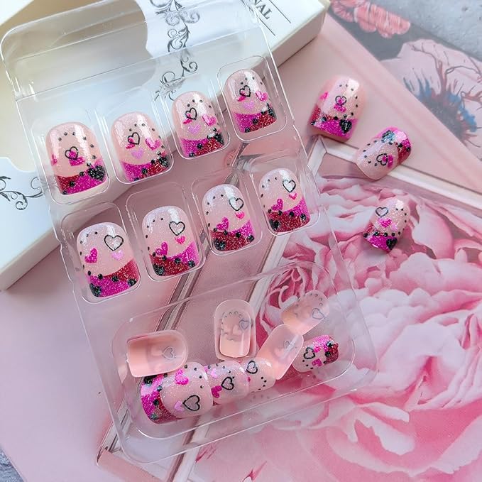 24Pcs Valentines Nails French Tip Press on Nails Short Square Fake Nails Glitter Love Heart Design Valentine's Day False Nails Full Cover Cute Glue on Nails Nude Pink Acrylic Stick on Nails for Women