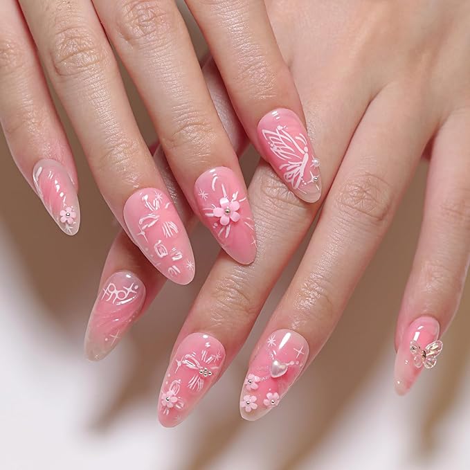 24Pcs Pink Press on Nails Medium Almond Fake Nails with 3D Flower Butterfly Designs Stick on Nails Bow False Nails Spring Summer Floral Acrylic Nails Gold Bead Glue on Nails for Women Nail Supplies